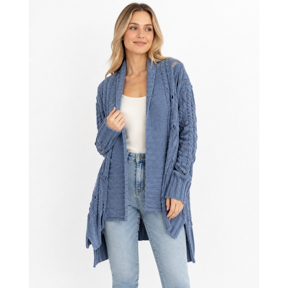 POL Blue Chenille Cable Knit Open Front Cardigan Sweater Boho Size M